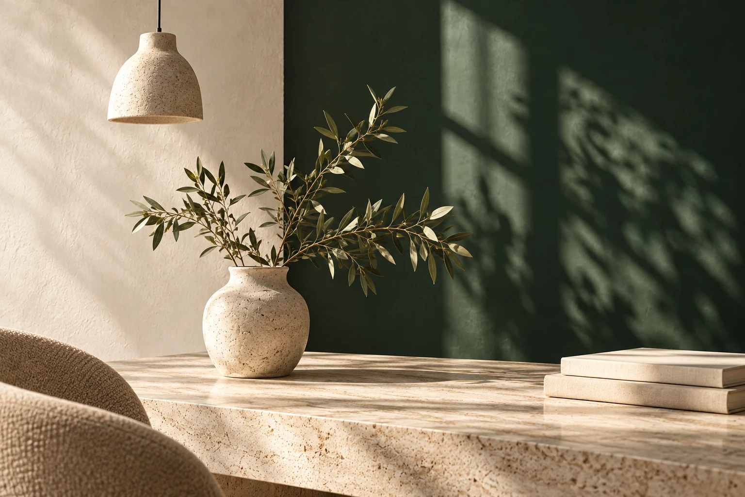 Olive branches and natural materials in a calm, sunlit creative workspace